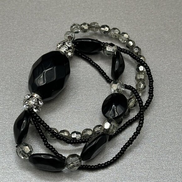 Beaded Stretch Bracelet Black Faceted Multi Strand Rhinestone Acrylic Chunky - Picture 4 of 11